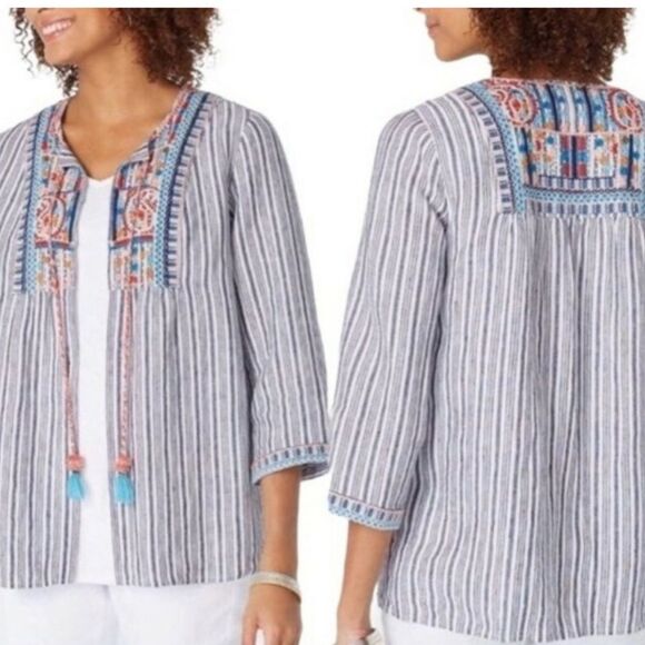 J. Jill White Blue Stripe Colorful Embroidered Ethnic Boho Festival Linen Jacket - Picture 2 of 13